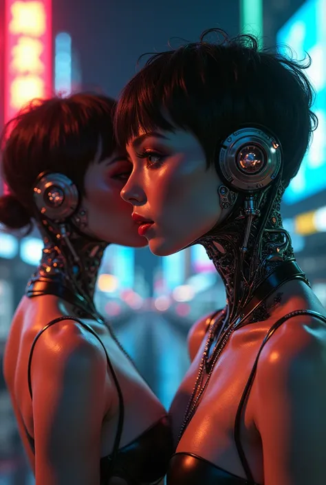 white Cyberpunk-Girl, half-android, in love