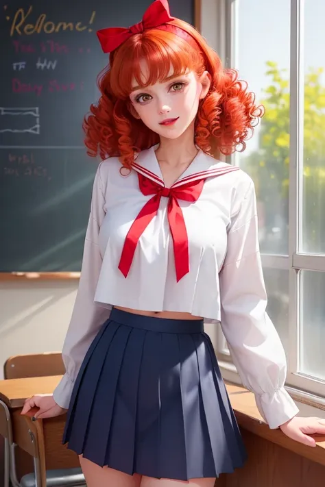  Woman, Perfect face, defined jaw,  beautiful lips , ( cute smile ), ( beautiful bright yellow eyes ), ( red hair,  curly 80s style hair :1.2), (White school uniform JK ,  Red Ribbon ,  navy blue pleated skirt :1.2), standing, ( western style photography )...