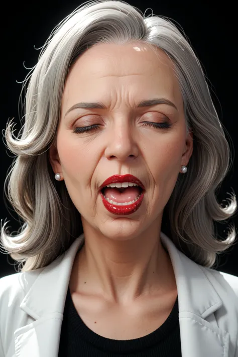 score_9, score_8_up, score_7_up, black background, elderly, woman, gray hair with brown streaks_shoulder length,t, lab coat, screaming with pleasure, spittle, black high neck sweater, gray skirt, looking toat viewer, moaning, eyes closed, red lipstick
