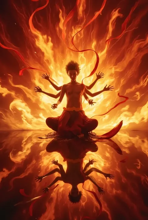 six-armed Nezha,A solitary figure, slender and almost ethereal, sits cross-legged at the heart of a dramatic scene, surrounded by swirling, fiery flames in shades of red, orange, and yellow. The flames twist and writhe around the figure, their vibrant ener...