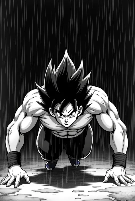 Gohan from Dragon Ball Z adult doing push-ups in the rain with the Dragon Ball anime style black and white image