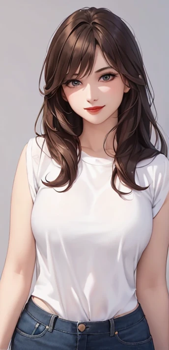 woman, smile, long hair brown, dark, she is solo, red lipstick, from alternative world ,best quality, realistic, white blue shirt, Black shorts 