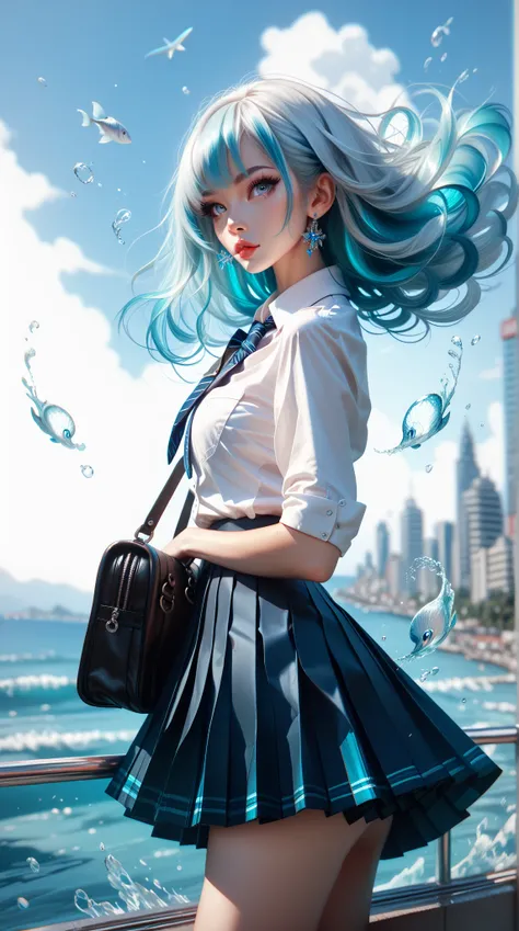 hyper-realistic， high quality， HD ， High detail，8k， aquamarine hair ， wears a white collared shirt and black pleated skirt，Solo girl with shoulder bag 、 gray eyes and full chest 。