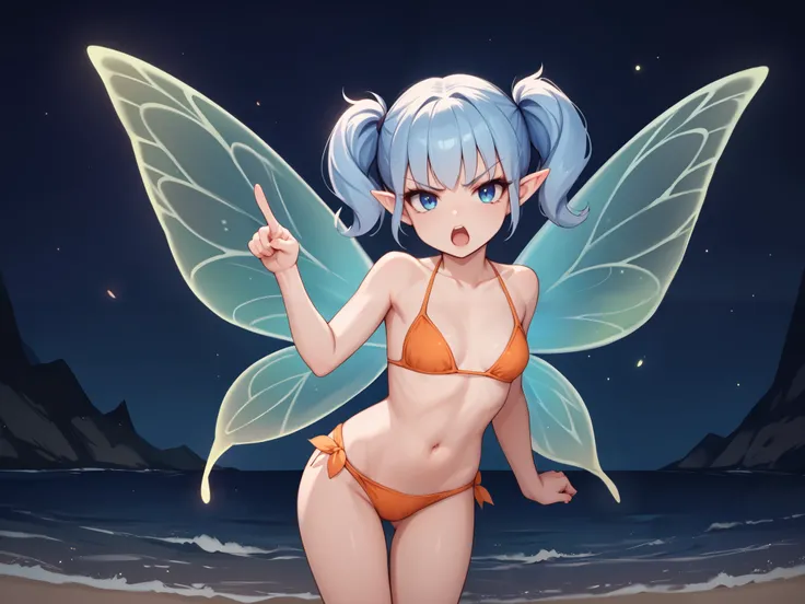 score_9_up, score_8_up, score_7_up, 1girl, solo, source_anime, fairy, FairyForm, Fairy Wings, Wings BREAK 

Short twintails, fairy wings, bangs, small breasts, light blue hair, blue eyes BREAK 

Orange bikini, navel BREAK 

Open mouth, pointing at viewer, ...