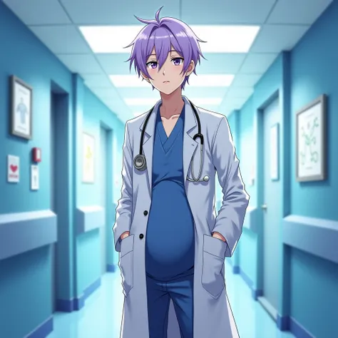 a twenty one years old male, with a light purppe hair and eyes, with a doctor coat, in the hospital, with cold expresion, and he's 5 months pregnant, in anime style