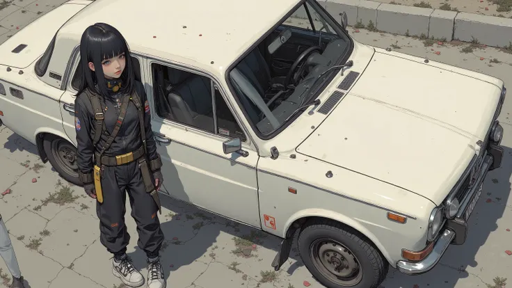  from above、 Fisheye 、Off-white UAZ 2206、 Russian car、Japanese schoolgirl standing in front of a car 、 black and yellow pilot suit、 black hair、 bangs with lots of flowers 、 long hair、 adidas sneakers
