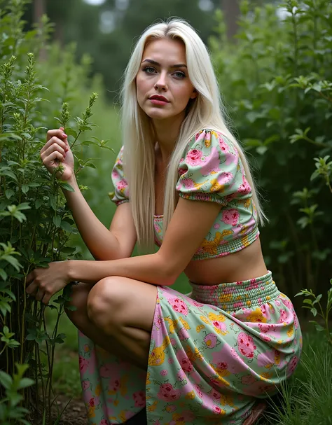 A professional photograph of a woman with long, platinum blonde hair posing in a lush, outdoor setting. She has fair skin, a confident gaze, and an intense expression as she looks directly at the camera. She is wearing a vibrant, psychedelic-patterned two-...