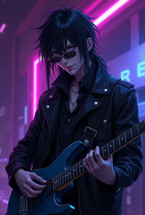 "An anime-style mysterious rock musician with long messy hair and an electric guitar, wearing a black leather jacket and stylish glasses. He has a deep, intense gaze and a mysterious aura, with a slight smirk that shows confidence and intellect. The backgr...