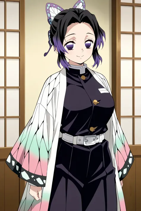 1girl,

shinobu kochou, animal print, black hair, butterfly hair ornament, butterfly print, forehead, gradient hair, hair ornament, haori, multicolored hair, parted bangs, purple hair, short hair, two-tone hair,
belt, black pants, butterfly print, coat, de...