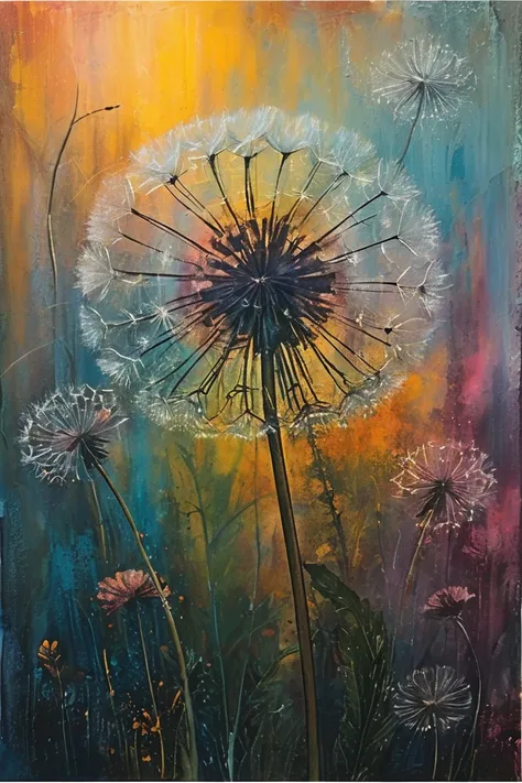 Draw an abstract painting of a flower.,Light dandelion fluff、Aesthetic composition，simple style, Soft and warm touch、The main color palette of the work is soft pastel colors.、When looking at this picture, you、interplay of color and texture、Immerse