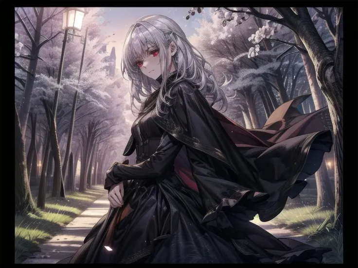 Always detailed face, perfect lighting, extremely detailed CG, (perfect hands, perfect anatomy), Very detailed,　19 year old woman, beautiful girl, white hair with orange strands long to the floor while moving with the wind, red eyes, serious and disappoint...