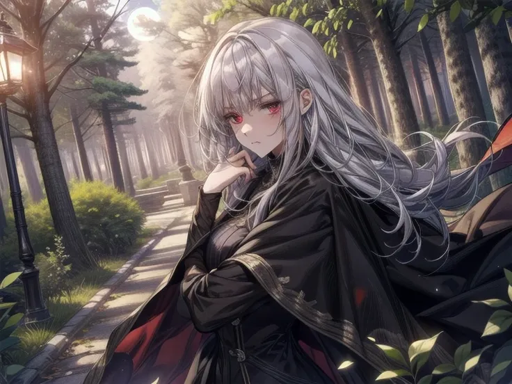 Always detailed face, perfect lighting, extremely detailed CG, (perfect hands, perfect anatomy), Very detailed,　19 year old woman, beautiful girl, white hair with orange strands long to the floor while moving with the wind, red eyes, serious and disappoint...