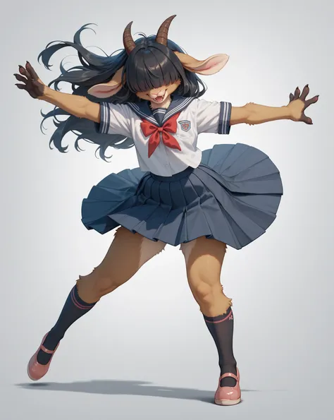 school girl , furry female goat , geek , Introvert , long hair , bangs , hair over eyes , school uniform , bold action , ballet pose , (panty:0.3)