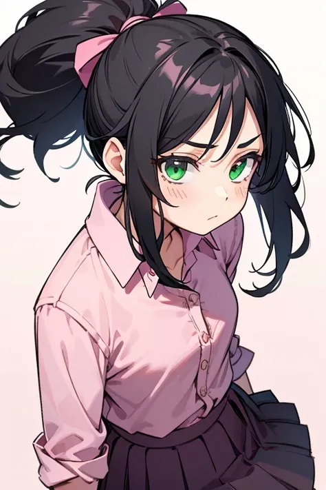 1girl, solo, black hair, green eyes, ponytail, sidelocks, calm expression, school uniform, pink shirt, dark pink skirt, white background
