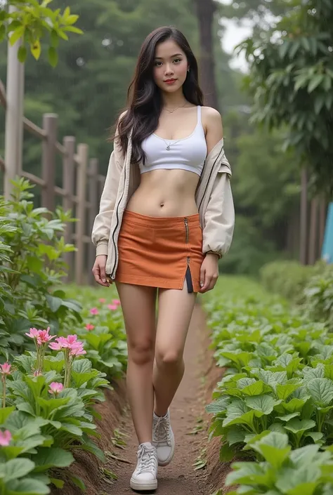 [(  photograph of a slim Filipina teenager , white,  beautiful and charming , pale skin,] ( (  full-body shot ,Random shot), ( without makeup )  working,( wearing a beautiful jacket with an open zipper )(mini camiseta white corta sucia, color orange long s...