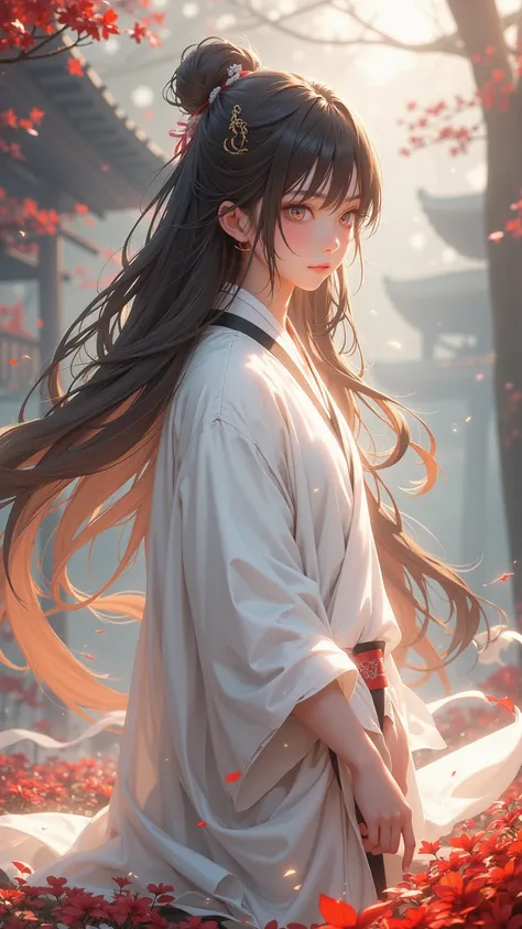  A Girl Alone ，Very Long Hair ， is a traditional white kimono， Surrounded by Fragrance ，Background details， Deep Effect Bright ，Very high quality， Latest Style Masterpiece 