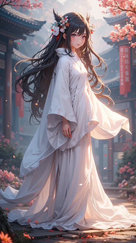  A Girl Alone ，Very Long Hair ， is a traditional white kimono， Surrounded by Fragrance ，Background details， Deep Effect Bright ，Very high quality， Latest Style Masterpiece 