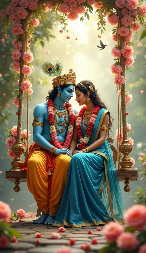 "A divine and mesmerizing scene of Lord Krishna and Radha sitting together on a beautifully decorated swing, surrounded by blooming flowers and lush greenery. Lord Krishna has a charming smile, wearing a royal turban with a peacock feather, elegant jewelry...