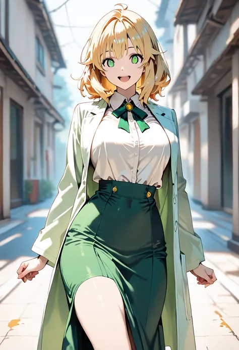 1girl,solo, medium hair, Honey blonde hair, light green eyes, green lab coat, \\BREAK happy smile, blurry background, open mouth, smile,25 years old good anatomy, perfect anatomy, perfect fingers, perfect hands, (masterpiece:1.2),(best quality:1.2),newest,...