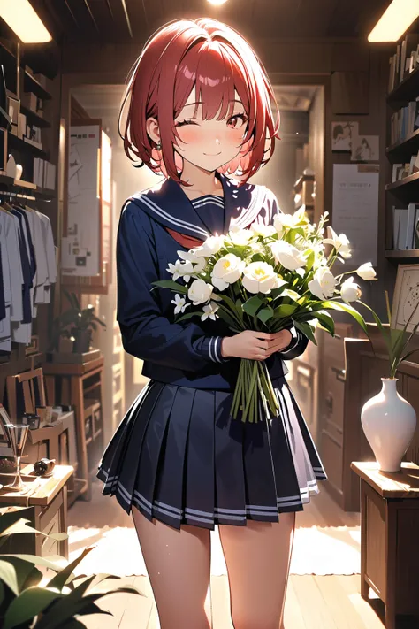 1 girl, (cute face), teenager, (short hair), (gleeful expression), (blush), small breasts, slim, (wearing school uniform), (pleated skirt), above knee length, (fair skin), 
BREAK 
flower arrangement club, studio, (arranging flowers:1.2), (surrounded by vas...