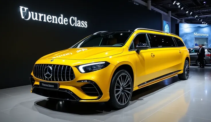 New 2025 klassen marcedes v class limousine front left review Open vehicle lights 100% Real and clear images first look show in furnished showroom the vehicle yellow colour high quality and high- resolution and name and Logo show on the back wall and vehic...