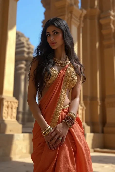 j@n,(Photorealistic:1.2), , fullbody portrait of a woman posing for camera, 25 year old woman, beautiful silk saree, jewellery, detailed skin,long black hair, standing in an ancient indian temple, sunny day, blue sky