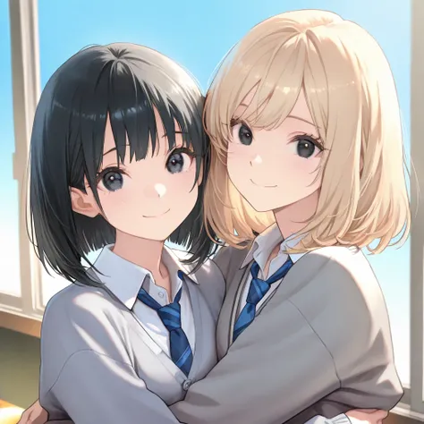 2 girls hug in the classroom, a girl blonde, medium hair, black eyes. the other girl black hair, bob cut, black eyes. both girls school uniform, gray cardigan,  blue tie, same clothes, smile, closed mouth, cute, kawaii, background window, blue sky, look at...