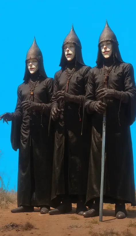 Surrealist art, symbolism, three ancient entities, black cloth costumes, white masks, standing looking down, bright blue sky background, mysterious impression, high vintage, retro aesthetic