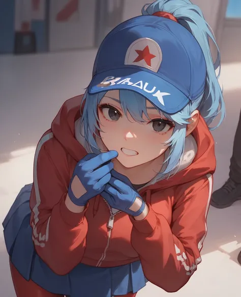 score_9, score_8_up,1 girl,
,wear blue cap, wear red hoodie,BREAK blue hair, ponytail,wear blue gloves, wear red tights,wear blue skirt, black eyes