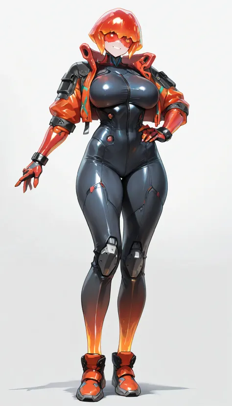 (big breasts, visible curves, sensual pose, Full body,Perfect face ), best quality, amazing quality, very aesthetic, cyberpunk, street style, techwear, stylized outfit, white background, Magma girl 