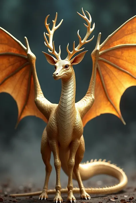 Dragon with golden scales and deer antlers and two pairs of wings