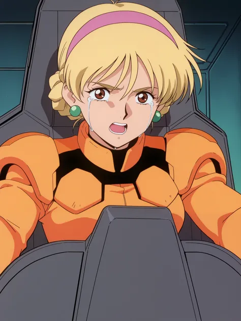 masterpiece, best quality, newest, absurdres, highres, detailed eyes, beautiful, detailed background, perfect eyes, anime coloring, anime screencap, 1990s \(style\), 1girl , Alone, KATEJINA'S STORY. blonde hair, short hair, single bun, french braid, pin...