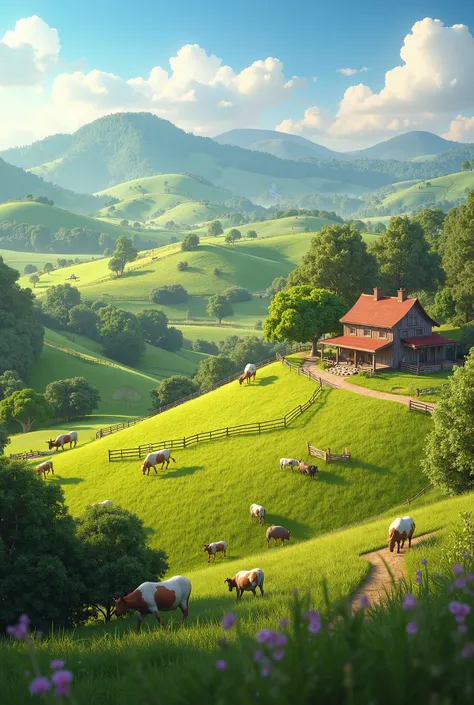 Pixar animation.  From the sky looking  down we see vast hills with animals grazing. We see a farm house and paddocks.  We see fences.