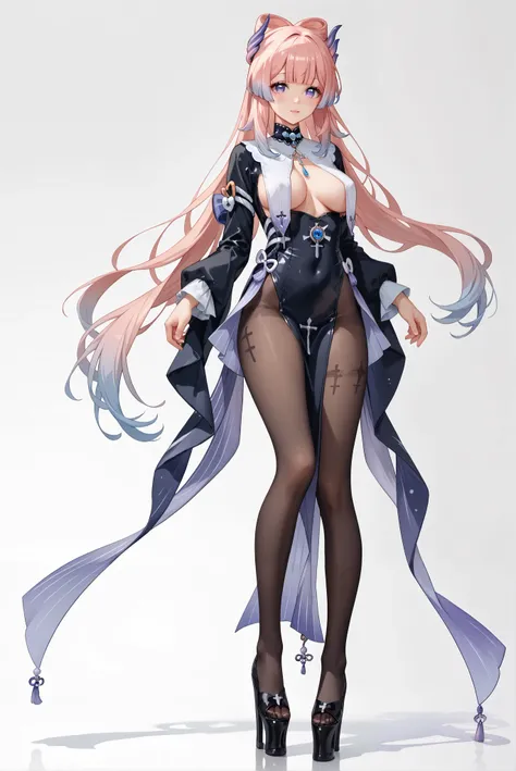 （ stands，whole body:1.7),HoleHeels，Hole platform/ oval/ Circle Heels，Heels ，ruanyi0847,bodysuit,breast curtains,dress,nun,pantyhose,pelvic curtain， kokomi sangonomiya , long hair, bangs, hair ornament, purple eyes, pink hair, sidelocks, multicolored hair, ...