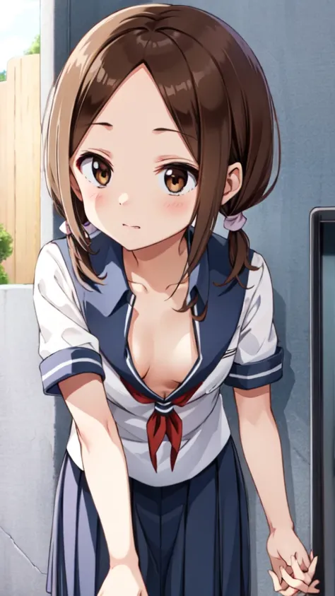  twin tails、 smaller breasts with both hands、 school uniform