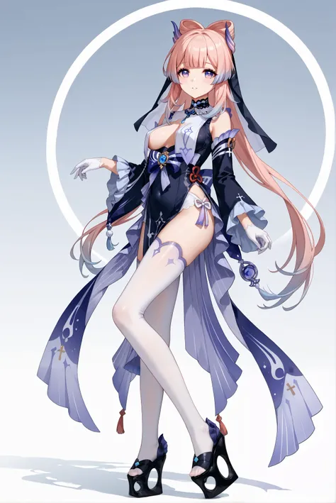 （ stands，whole body:1.7),HoleHeels，Hole platform/ oval/ Circle Heels，Heels ，ruanyi0847,bodysuit,breast curtains,dress,nun,pantyhose,pelvic curtain， kokomi sangonomiya , long hair, bangs, hair ornament, purple eyes, pink hair, sidelocks, multicolored hair, ...