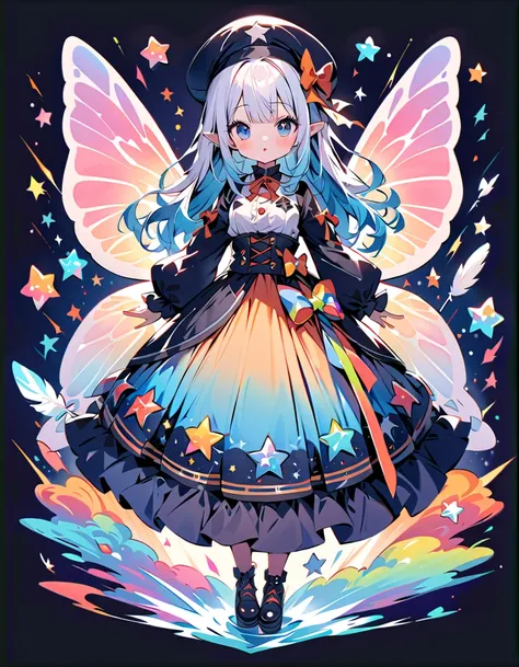 masterpiece, high quality, detailed, ultra detailed, hyper detailed, insanely detailed, exquisite, beautiful, full body shot, girl, blinking, best quality, milky white and blue gradient hair color, colorful and cute gothic kimono costume, star fairy, littl...