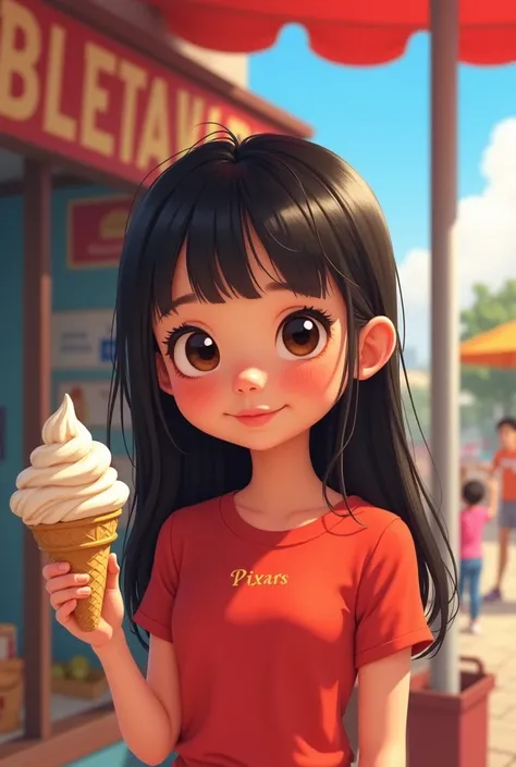  A girl with long straight black hair little eyes,    Cachaetona  , With a black mole on one cheek happy round face selling ice cream red shirt Pixar poster