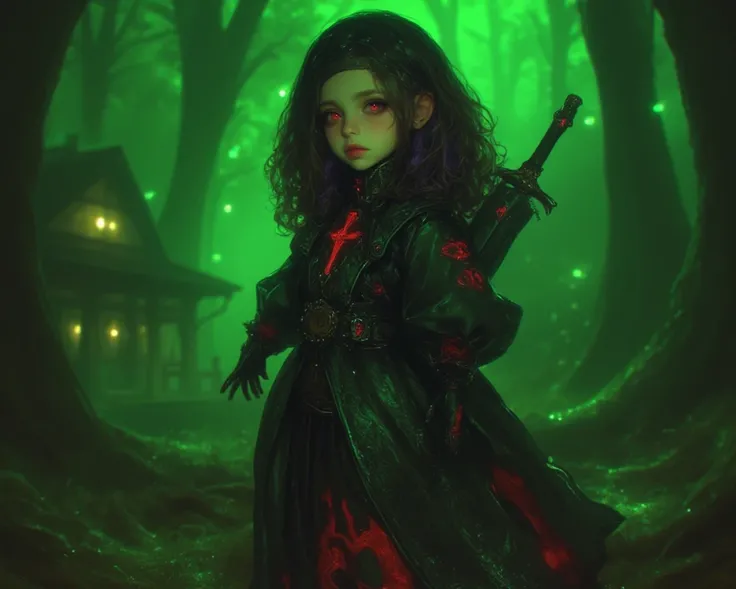 A toddler from the 1600s with curly black and purple hair, wearing a black headband, stands confidently in a fairytale forest. Her eyes glow a deep red, casting an eerie, mystical aura. She is dressed in a black Renaissance-style gown, which features intri...