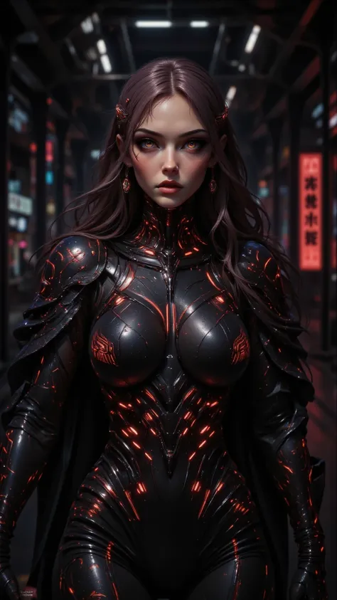  Futuristic and smooth electronic female body black cloak armor， with glowing red highlights ， exuding combat posture ，With Liu Hai 、flowing long hair、 Dark eye shadow and red lips ， Handheld Kriss Vector miniature submachine gun ， resolution up to 8K ， De...