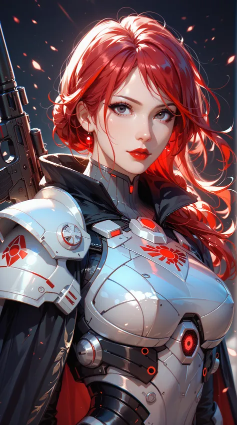  Futuristic and smooth electronic female body black cloak armor， with glowing red highlights ， exuding combat posture ，With Liu Hai 、flowing long hair、 Dark eye shadow and red lips ， Handheld Kriss Vector miniature submachine gun ， resolution up to 8K ， De...