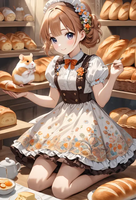 ((hamster girl), Alone, classical European taste , cute and lean beauty, ( hamster fur is delicately and precisely drawn , Charming fluffy , \Hamsters are much smaller than guinea pigs\)), BREAK girls like lace based on faded orange, aiming for a bakery...
