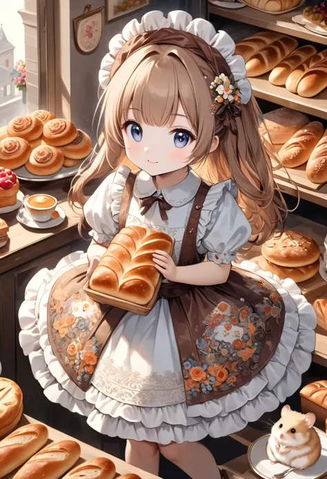 ((hamster girl), Alone, classical European taste , cute and lean beauty, ( hamster fur is delicately and precisely drawn , Charming fluffy , \Hamsters are much smaller than guinea pigs\)), BREAK girls like lace based on faded orange, aiming for a bakery...
