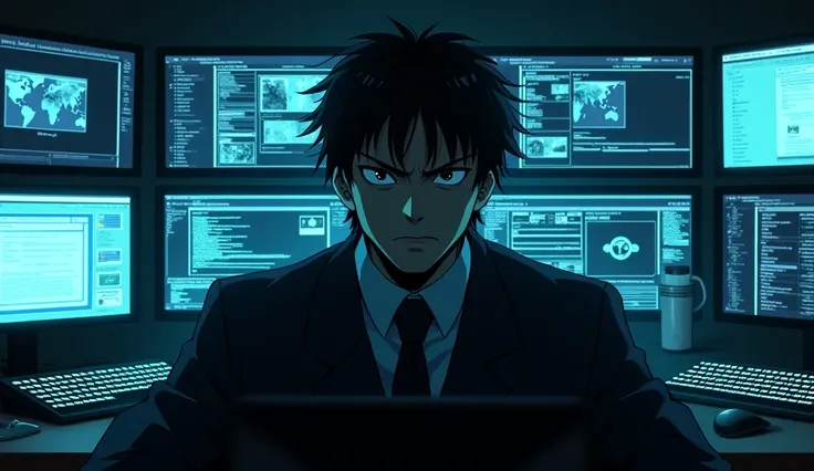 "Anime-style illustration, a mysterious man in a dark office, illuminated only by the cold glow of multiple computer screens filled with confidential data, classified documents, and security camera footage. His face is partially shadowed, eyes focused with...