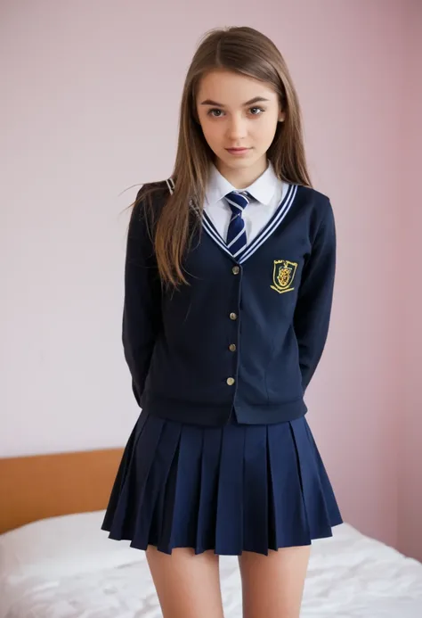 B laura,school girl,school uniform,bedroom,looking at viewer,petite,thin body,standing,