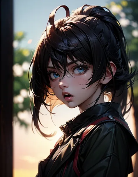 solo, 1girl,anime screencap, furina, damaged outfits, dirty hair, injured face, bleeding left eye, mouth bleeding, slight open mouth, closeup, cinematic angle, forest, dusk, bloom, bokeh depth of field, lensflare, masterpiece, best quality, ultra-detailed,...