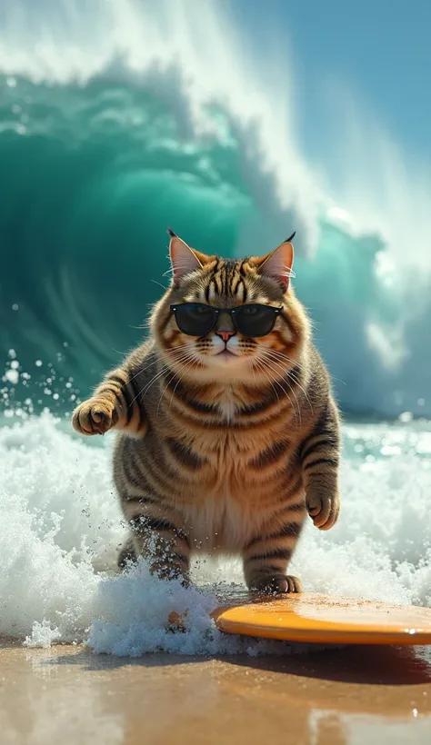 fat cat  use sunglasses 
surfing in the beach and big wave, realistic high resolution