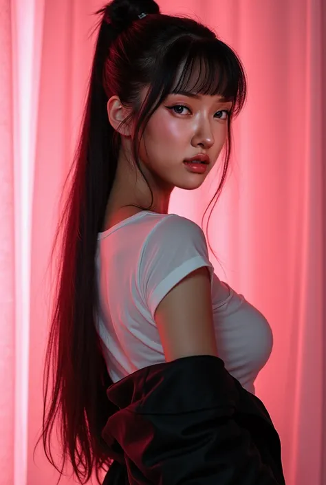 a sexy woman with back hair tied in a bun , bangs, corean pin up girl, wearing a pin up style dress, rock style, white t-shirt, black jacket, 80s style, red lips, beautiful detailed eyes, beautiful detailed lips, extremely detailed face and skin, elegant, ...