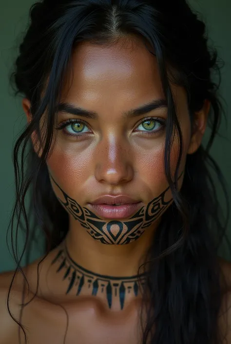 Beautiful Māori woman, green eyes, with Moko kauae tattooed on her chin and neck  ONLY