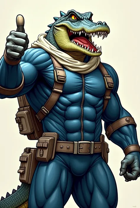 (A rugged beefy extremely muscular bulky snarling crocodile man), (wearing blue fully-zipped fullbody wetsuit), thumbs up pose, wearing bulky harness, wearing bulky scuba gear, wearing white hero scarf, muscular physique, toned muscles, fierce, heroic, act...